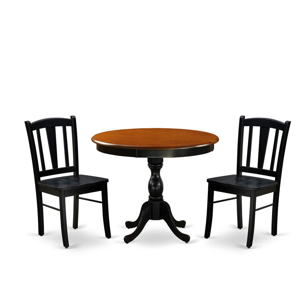 East West Furniture 3-Pc Kitchen Dining Table Set Contains a Dining Table and 2 Mid Century Dining Chairs with Slatted Back - Black Finish. Picture 2