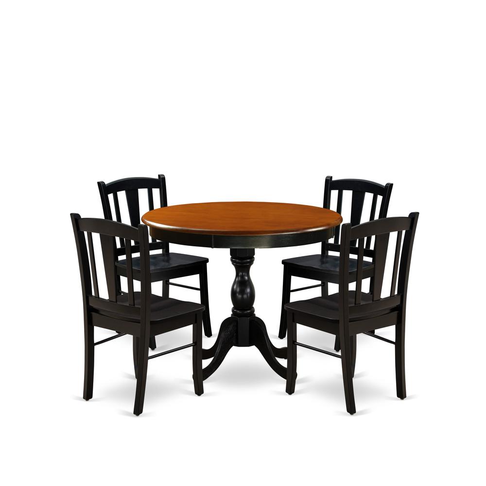 East West Furniture 5-Piece Modern Dining Set Includes a Round Wood Table and 4 Dining Room Chairs with Slatted Back - Black Finish. Picture 2