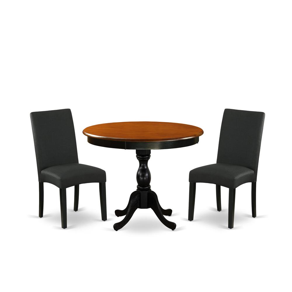 East West Furniture 3-Pc Dinner Table Set Contains a Round Dining Room Table and 2 Black Linen Fabric Parsons Chairs with High Back - Black Finish. Picture 1