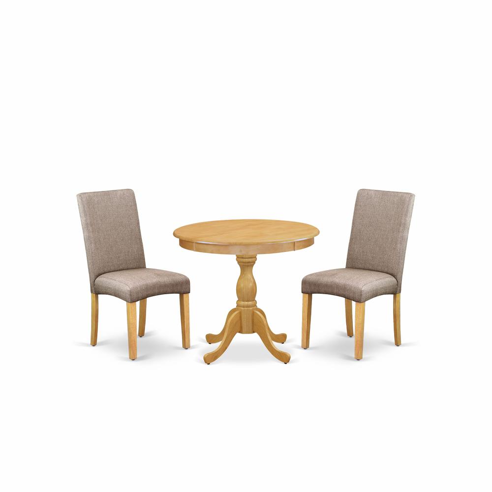 AMDR3-OAK-16 3 Piece Dining Table Set - 1 Pedestal Dining Table and 2 Dark Khaki Parson Chairs - Oak Finish. Picture 2
