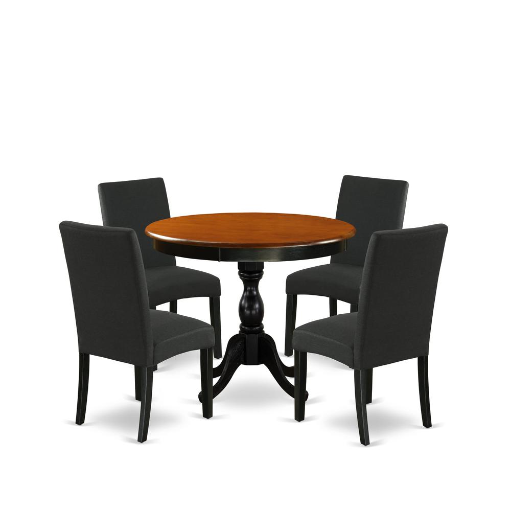 East West Furniture 5-Piece Round Dining Set Includes a Wooden Dinner Table and 4 Black Linen Fabric Parson Dining Chairs with High Back - Black Finish. Picture 2