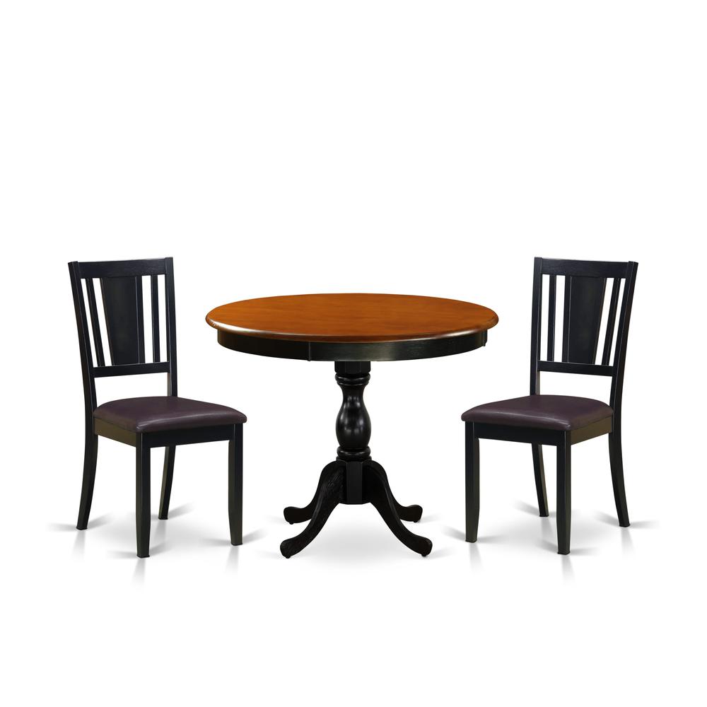 East West Furniture 3-Pc Dining Room Table Set Contains a Mid Century Dining Table and 2 Faux Leather Dining Chairs with Panel Back - Black Finish. Picture 2