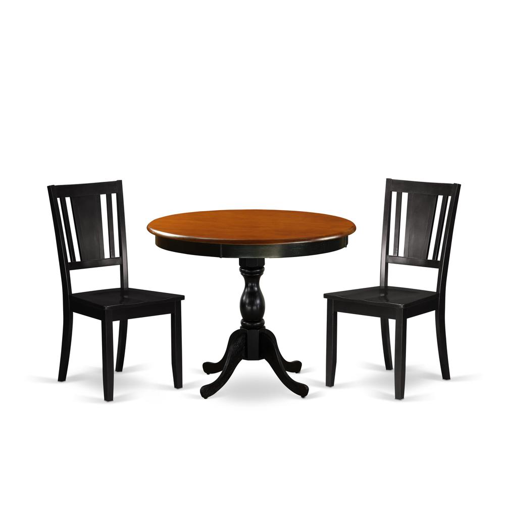 East West Furniture 3-Piece Modern Dining Set Consists of a Dinette Table and 2 Dinning Chairs with Panel Back - Black Finish. Picture 1