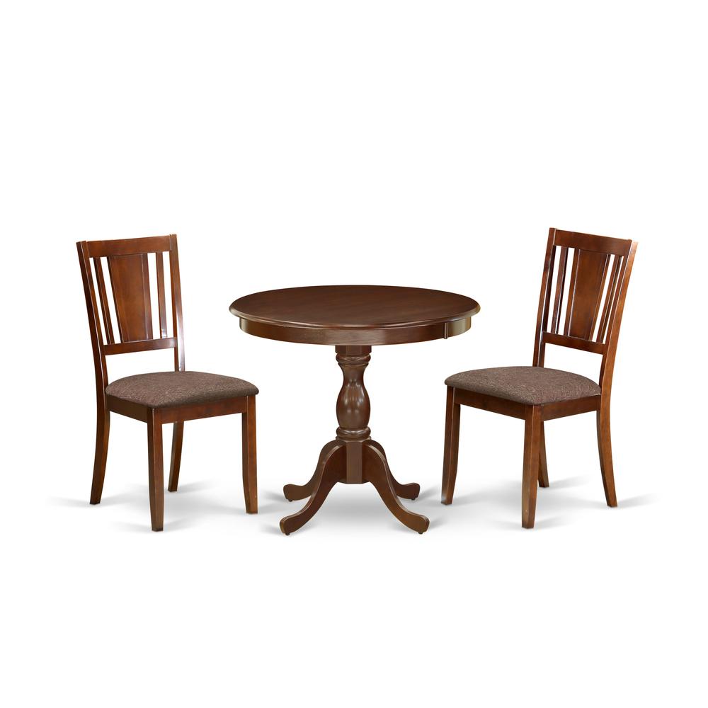 AMDU3-MAH-C 3 Piece Dining Table Set - 1 Round Pedestal Table and 2 Mahogany Kitchen Chair - Mahogany Finish. Picture 2
