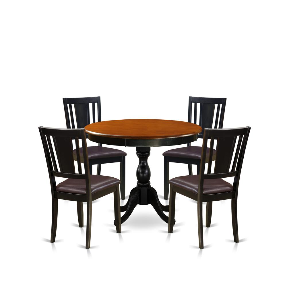 East West Furniture 5-Pc Dining Room Set Includes a Wooden Kitchen Table and 4 Faux Leather Dining Chairs with Panel Back - Black Finish. Picture 1