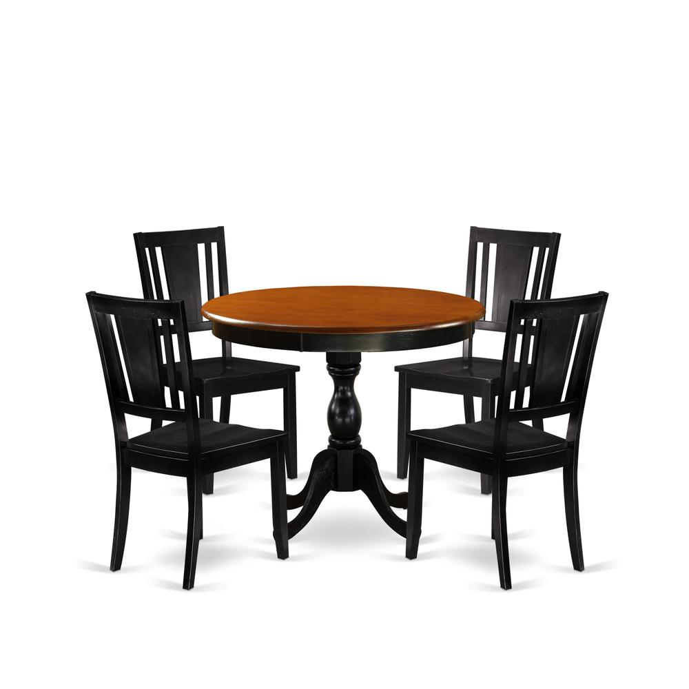 East West Furniture 5-Piece Dining Room Table Set Contains a Dining Table and 4 Wooden Dining Chairs with Panel Back - Black Finish. Picture 2