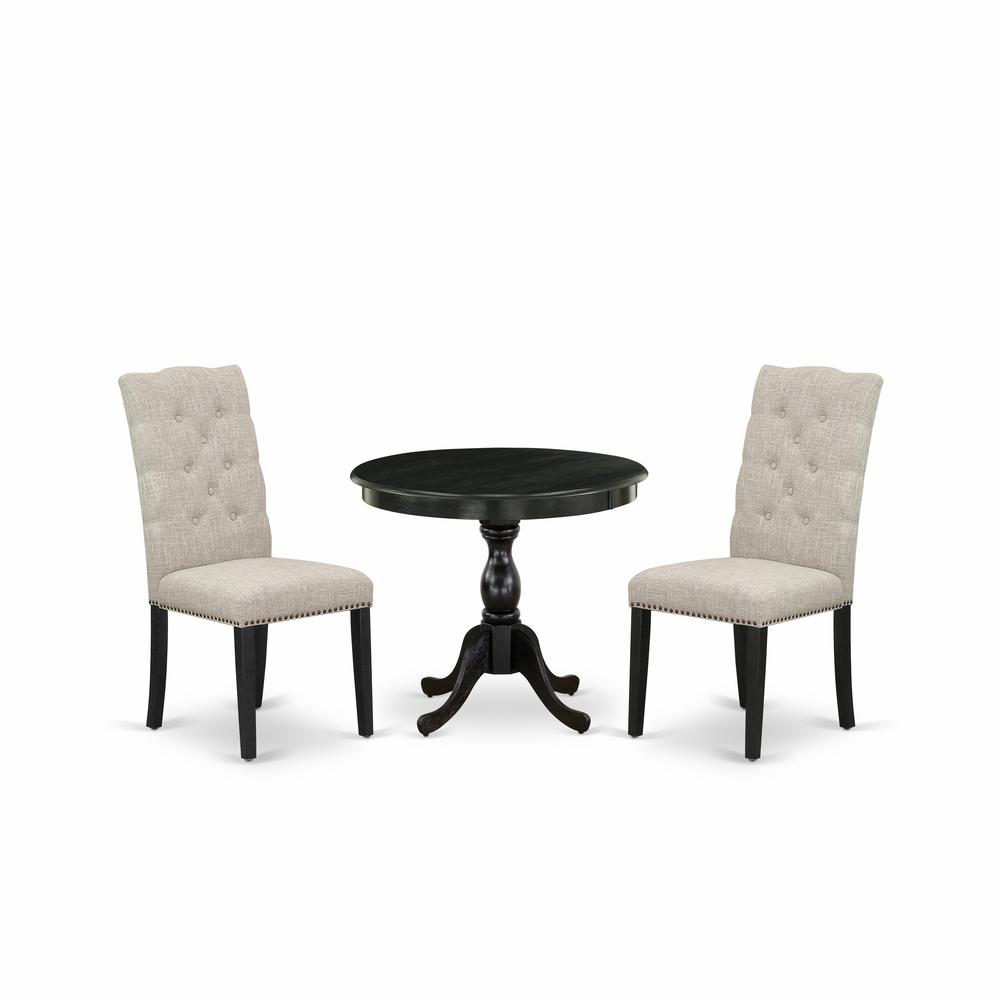 East West Furniture 3 Piece Dining Set Consists of 1 Modern Dining Table and 2 Doeskin Linen Fabric Dining Chairs Button Tufted Back with Nail Heads - Wire Brushed Black Finish. Picture 2