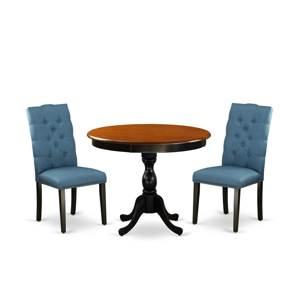 East West Furniture 3-Pc Dining Table Set Includes a Wooden Dining Table and 2 Blue Linen Fabric Parson Chairs with Button Tufted Back - Black Finish. Picture 2