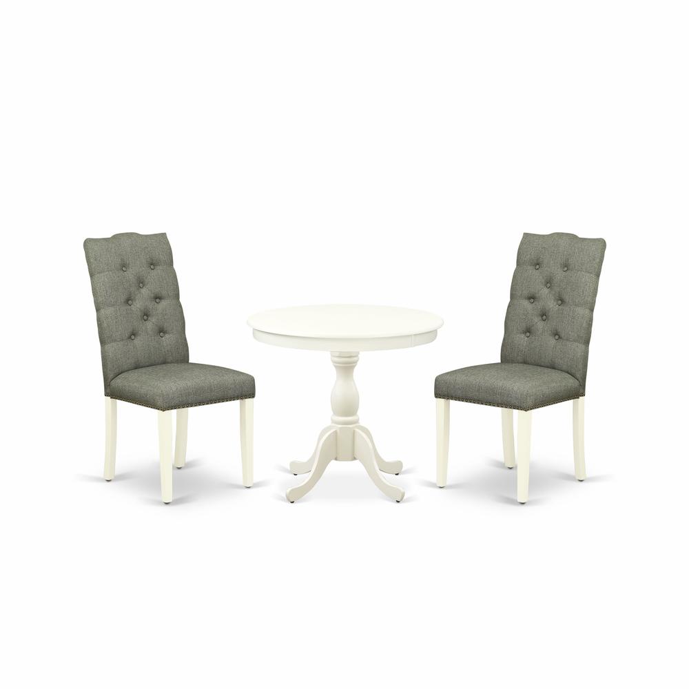 AMEL3-LWH-07 3 Piece Dining Set - 1 Round Pedestal Table and 2 Smoke Dining Room Chairs - Linen White Finish. Picture 2