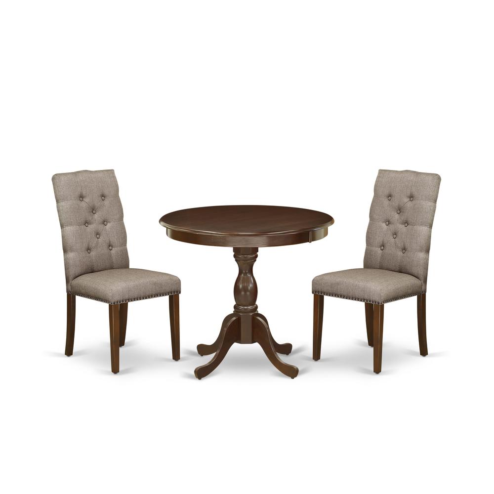 AMEL3-MAH-16 3 Piece Dining Table Set - 1 Dinner Table and 2 Dark Khaki Upholstered Chairs - Mahogany Finish. Picture 2