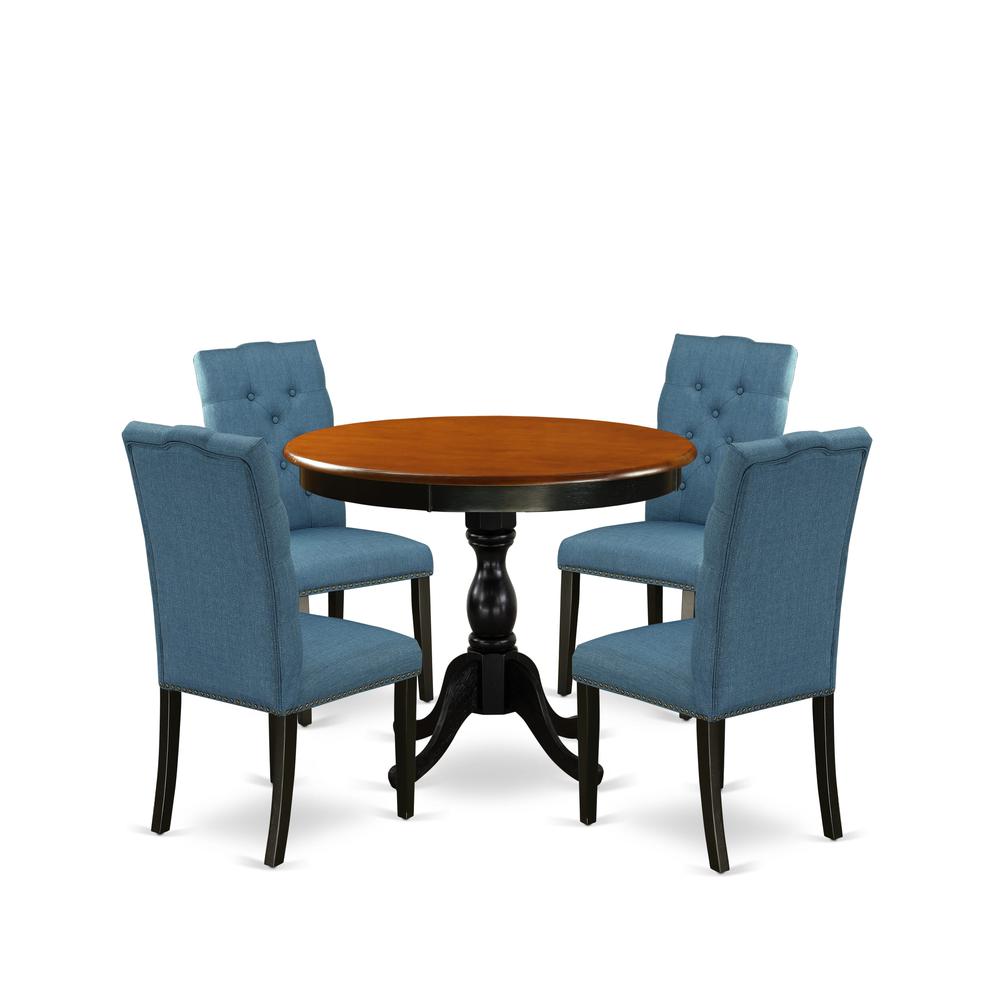 East West Furniture 5-Piece Kitchen Dining Table Set Includes a Round Dining Table and 4 Blue Linen Fabric Kitchen Chairs with Button Tufted Back - Black Finish. Picture 2