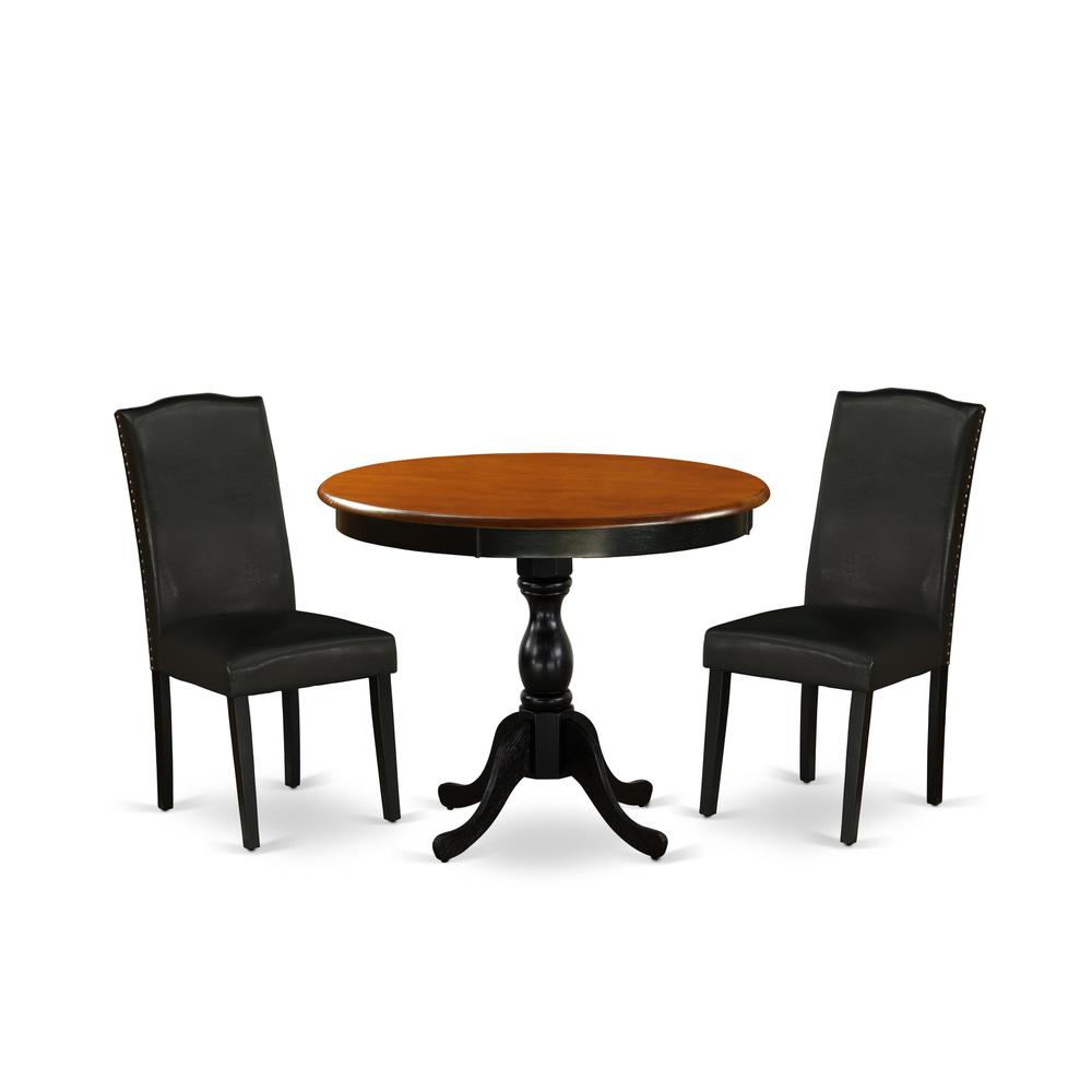 East West Furniture 3-Piece Dinner Table Set Includes a Kitchen Dining Table and 2 Black PU Leather Padded Chairs with High Back - Black Finish. Picture 2