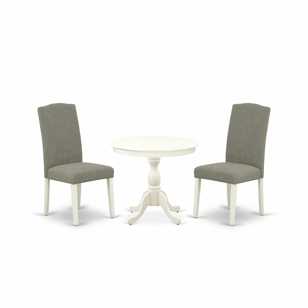 AMEN3-LWH-06 3 Piece Dining Set - 1 Pedestal Table and 2 Dark Shitake Dining Room Chair - Linen White Finish. Picture 2