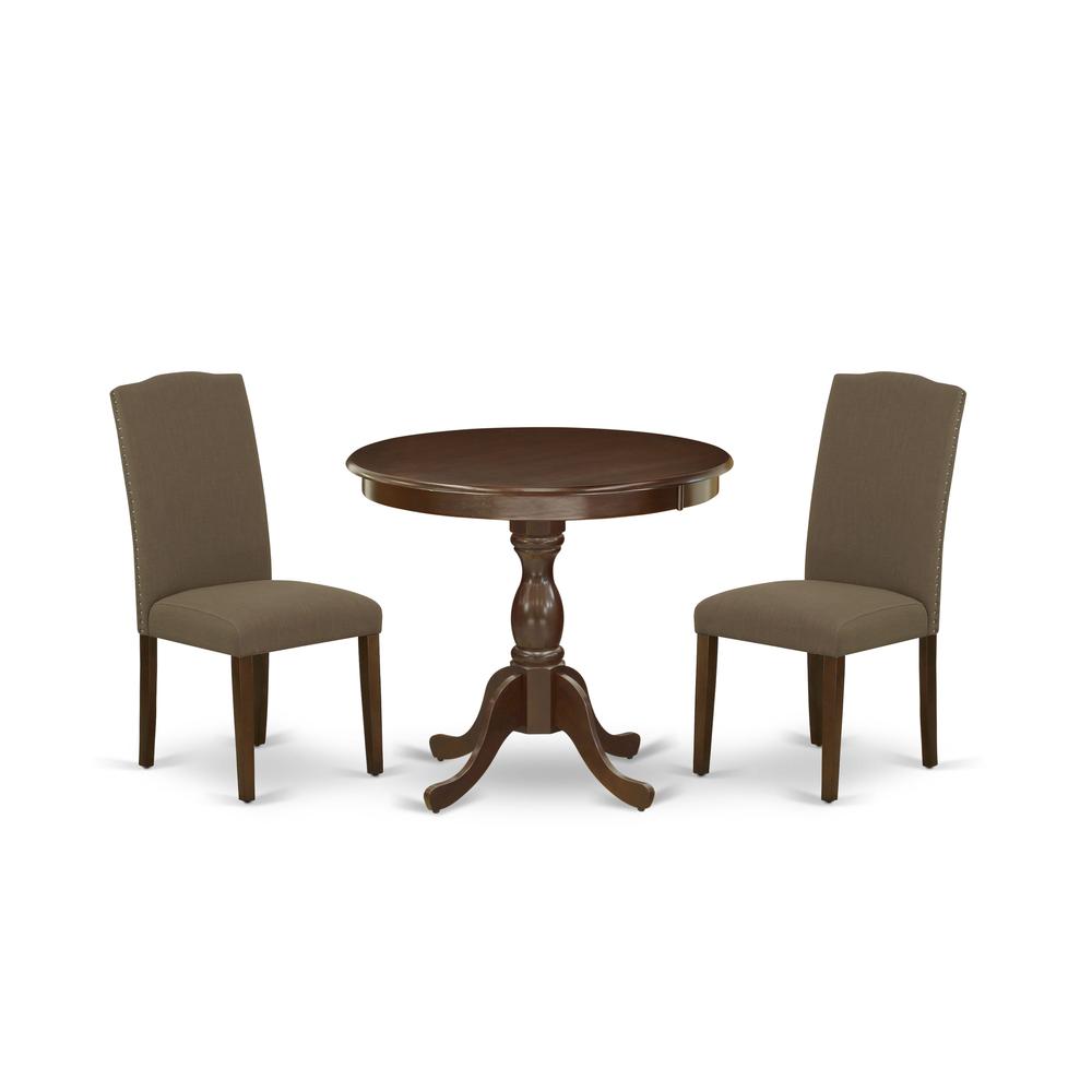 AMEN3-MAH-18 3 Piece Dining Table Set - 1 Pedestal Table and 2 Dark Coffee Dining Chairs - Mahogany Finish. Picture 2