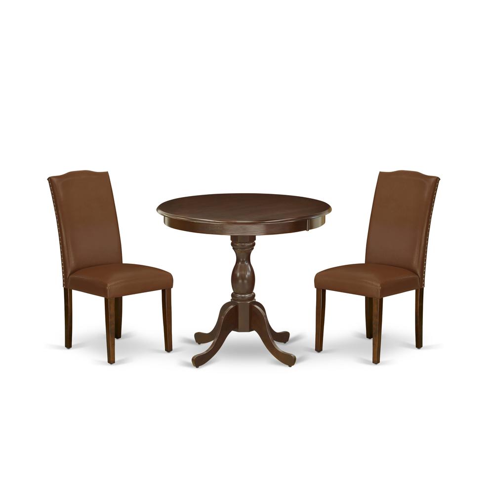 AMEN3-MAH-66 3 Piece DINETTE SET - 1 Wooden Dining Table and 2 Brown Upholstered Chairs - Mahogany Finish. Picture 2