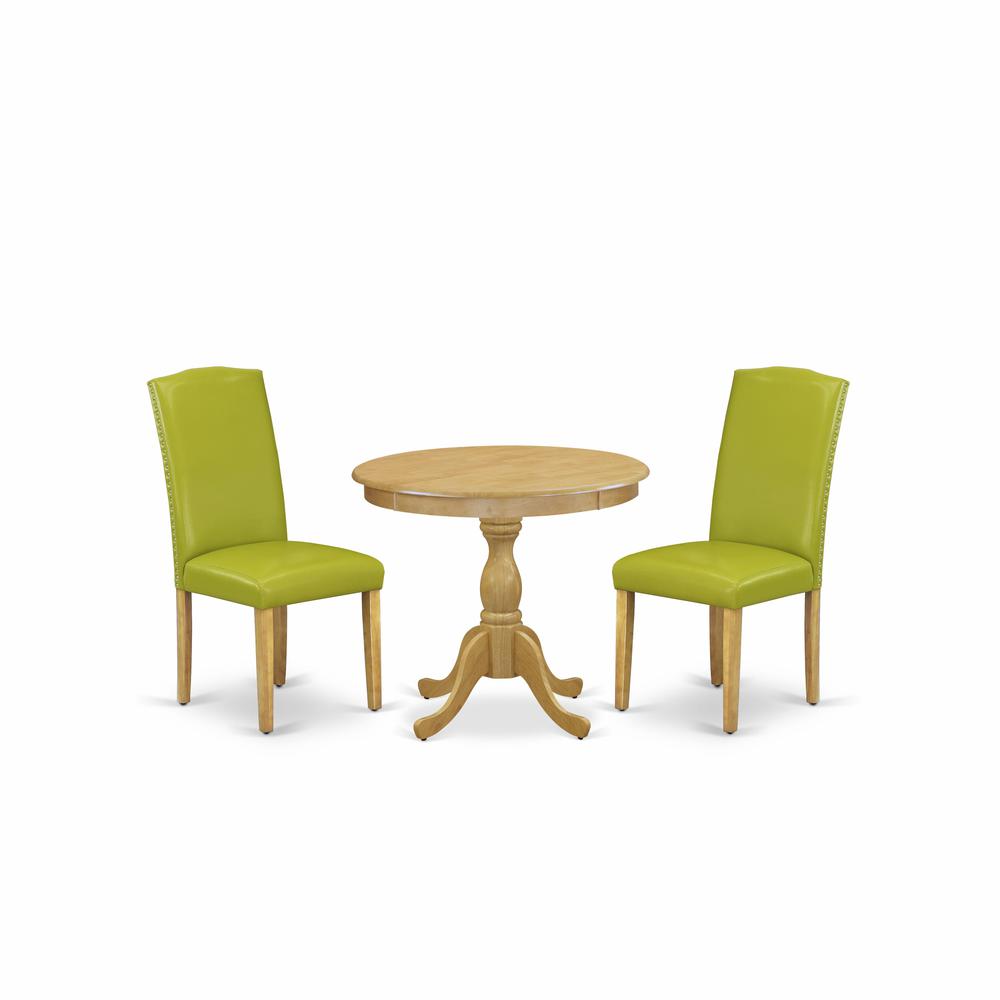 AMEN3-OAK-51 3 Piece Wooden Dining Table Set - 1 Pedestal Table and 2 Autumn Green Parsons Chair - Oak Finish. Picture 2