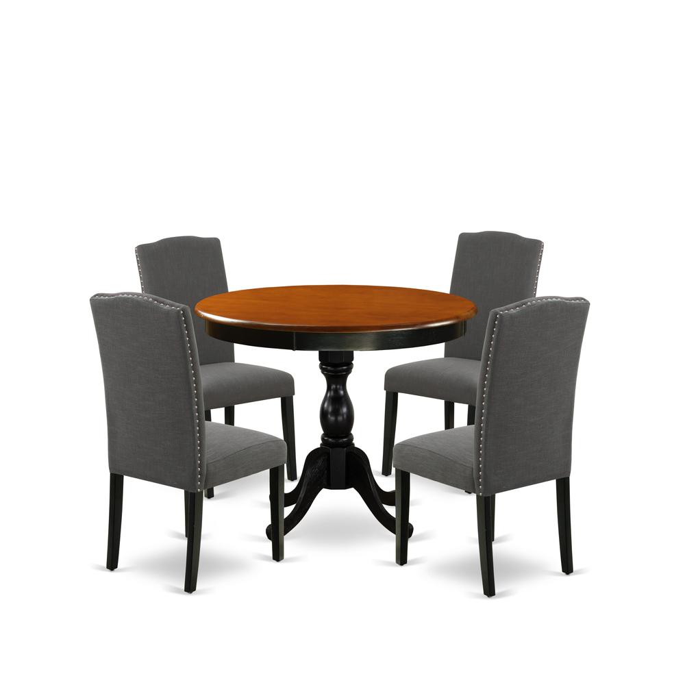East West Furniture 5-Pc Round Kitchen Table Set Contains a Wood Kitchen Table and 4 Dark Gotham Grey Linen Fabric Kitchen Chairs with High Back - Black Finish. Picture 2