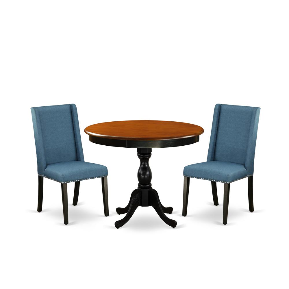 East West Furniture 3-Pc Dinning Room Set Includes a Wood Kitchen Table and 2 Blue Linen Fabric Dinning Chairs with High Back - Black Finish. Picture 1