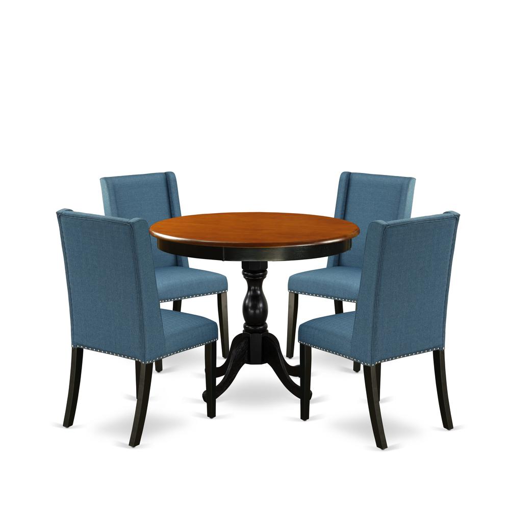 East West Furniture 5-Piece Wooden Dining Set Consists of a Kitchen Dining Table and 4 Blue Linen Fabric Dining Room Chairs with High Back - Black Finish. Picture 2