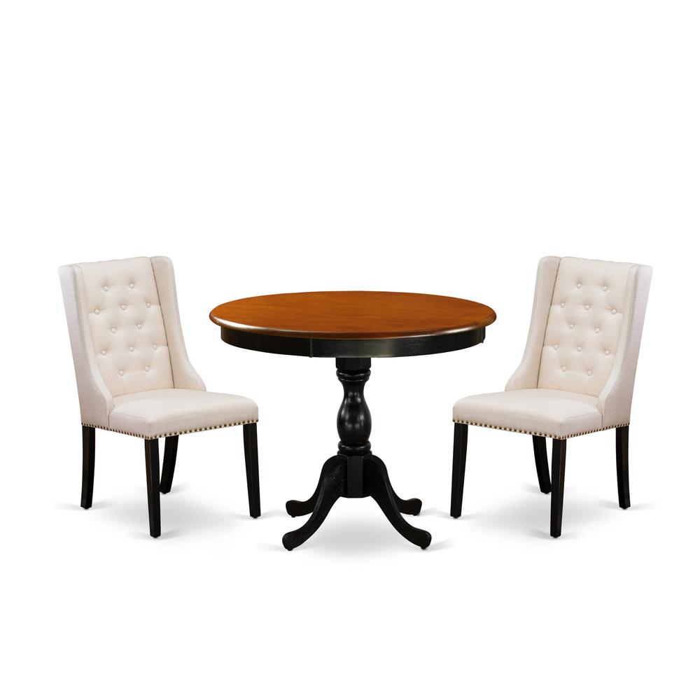 East West Furniture 3-Pc Wooden Dinette Set Consists of a Dinette Table and 2 Cream Linen Fabric Mid Century Modern Chairs with Button Tufted Back - Black Finish. Picture 2
