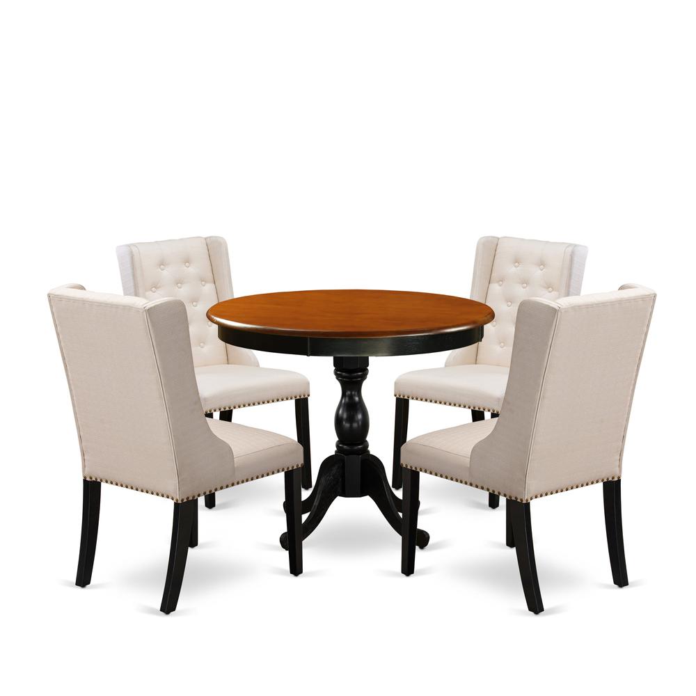 East West Furniture 5-Piece Modern Dining Table Set Contains a Wood Dining Table and 4 Cream Linen Fabric Dining Room Chairs with Button Tufted Back - Black Finish. Picture 2