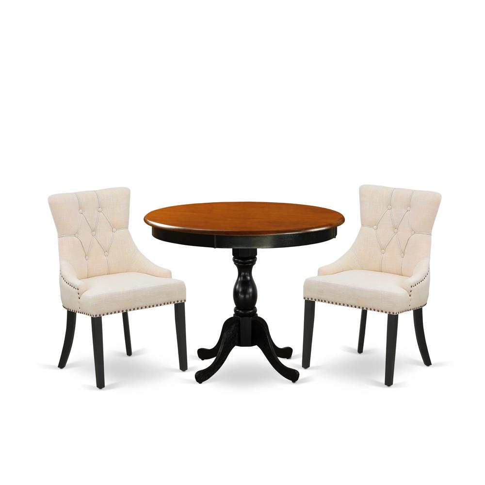East West Furniture 3-Pc Dining Table Set Consists of a Kitchen Table and 2 Light Beige Linen Fabric Upholstered Chairs with Button Tufted Back - Black Finish. Picture 1