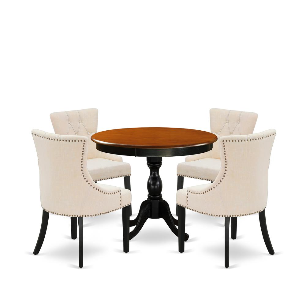 East West Furniture 5-Piece Round Dining Table Set Contains a Dining Room Table and 4 Light Beige Linen Fabric Dining Chairs with Button Tufted Back - Black Finish. Picture 2