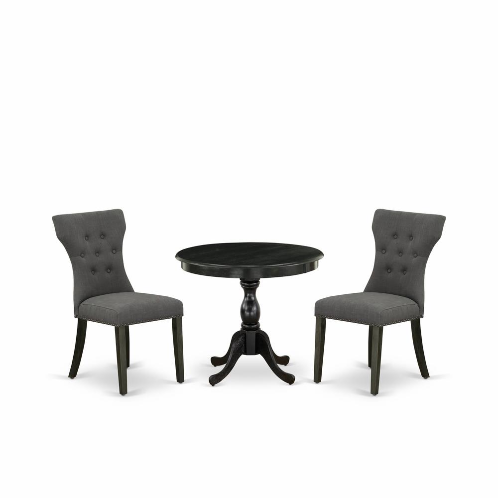 East West Furniture 3 Piece Dining Set Contains 1 Dining Table and 2 Dark Gotham Grey Linen Fabric Dining Chairs Button Tufted Back with Nail Heads - Wire Brushed Black Finish. Picture 2
