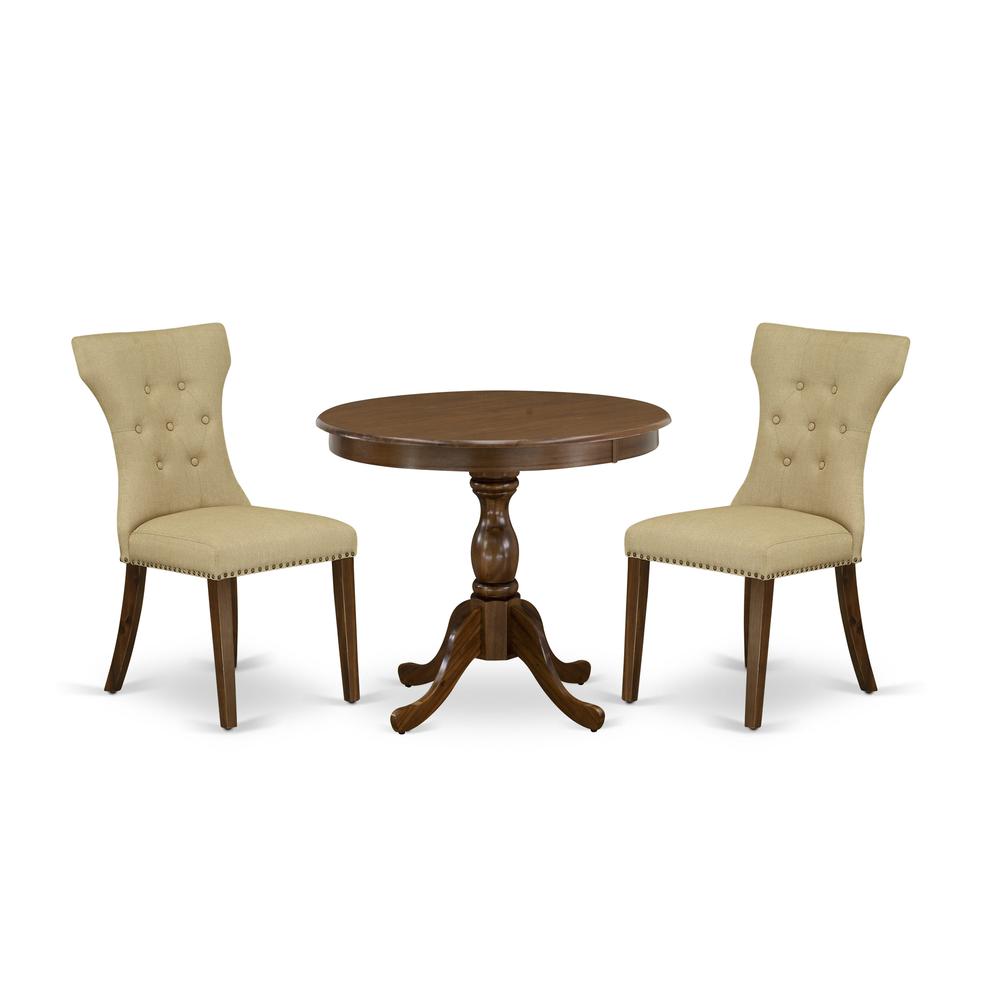 East West Furniture 3 Piece Dinning Room Table Set Contains 1 Dining Table and 2 Brown Linen Fabric Parson Dining Chairs Button Tufted Back with Nail Heads - Acacia Walnut Finish. Picture 2