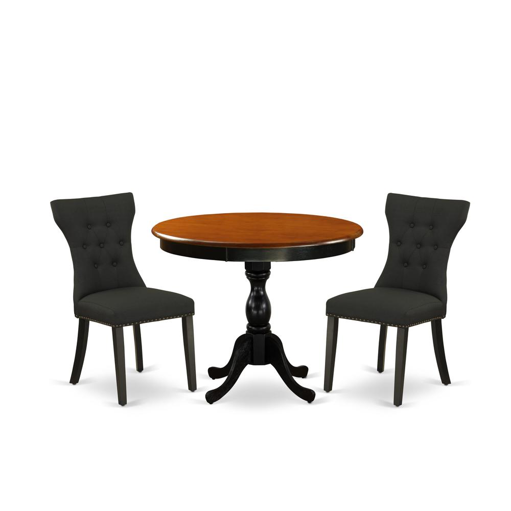 East West Furniture 3-Pc Dinning Room Set Includes a Wooden Table and 2 Black Linen Fabric Dining Room Chairs with Button Tufted Back - Black Finish. Picture 2