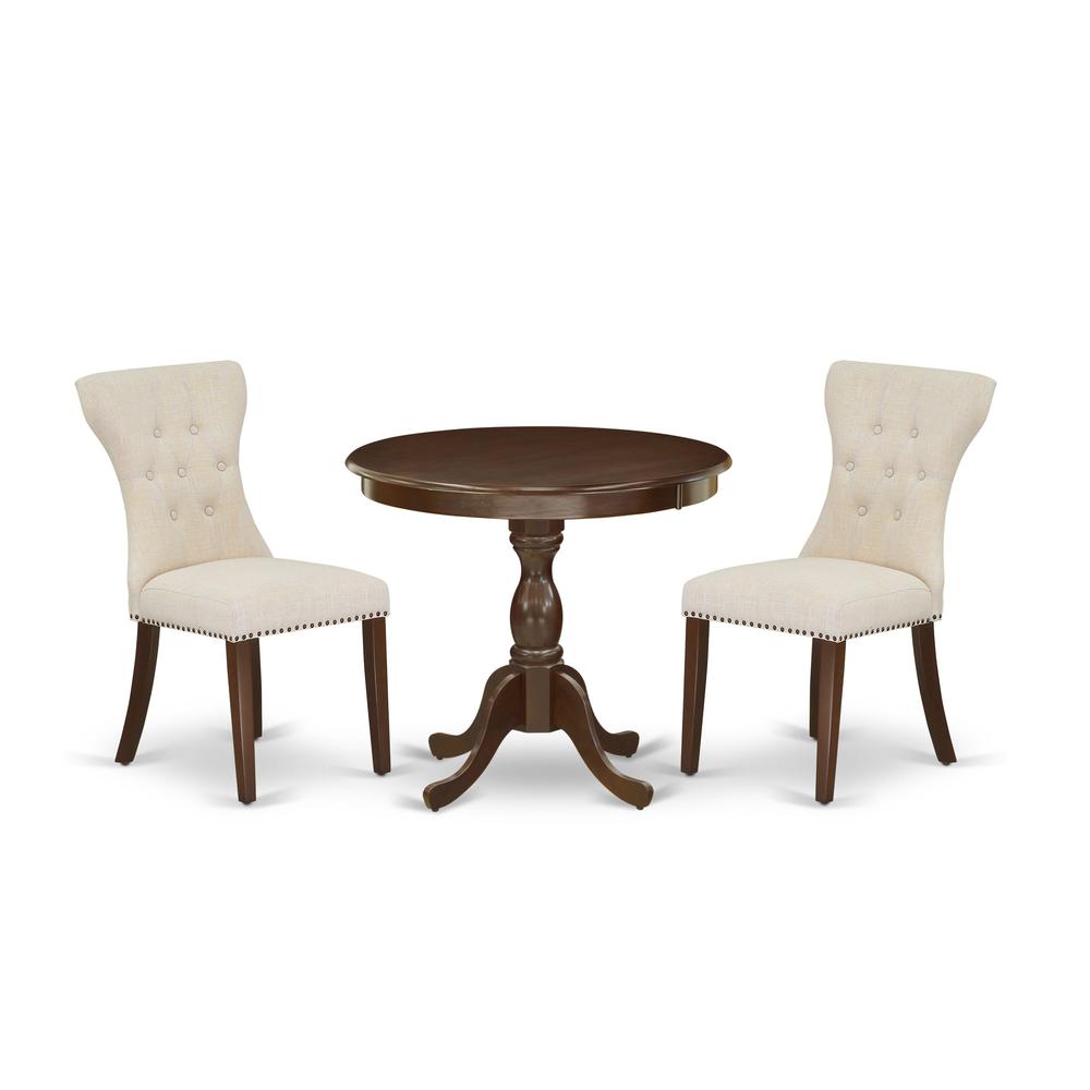 AMGA3-MAH-32 3 Piece Dining Set - 1 Mid Century Dining Table and 2 Light Beige Dining Chairs - Mahogany Finish. Picture 2