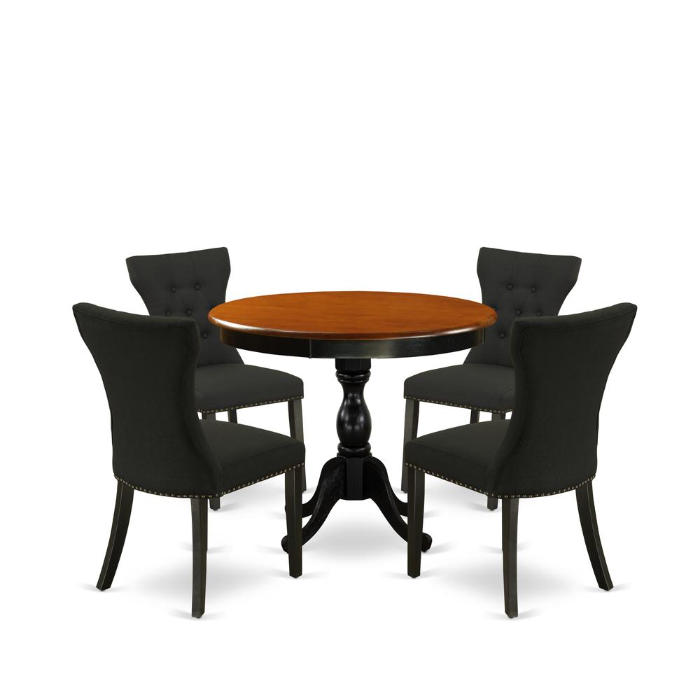 East West Furniture 5-Piece Dinette Set Consists of a Modern Dining Table and 4 Black Linen Fabric Upholstered Dining Chairs with Button Tufted Back - Black Finish. Picture 2