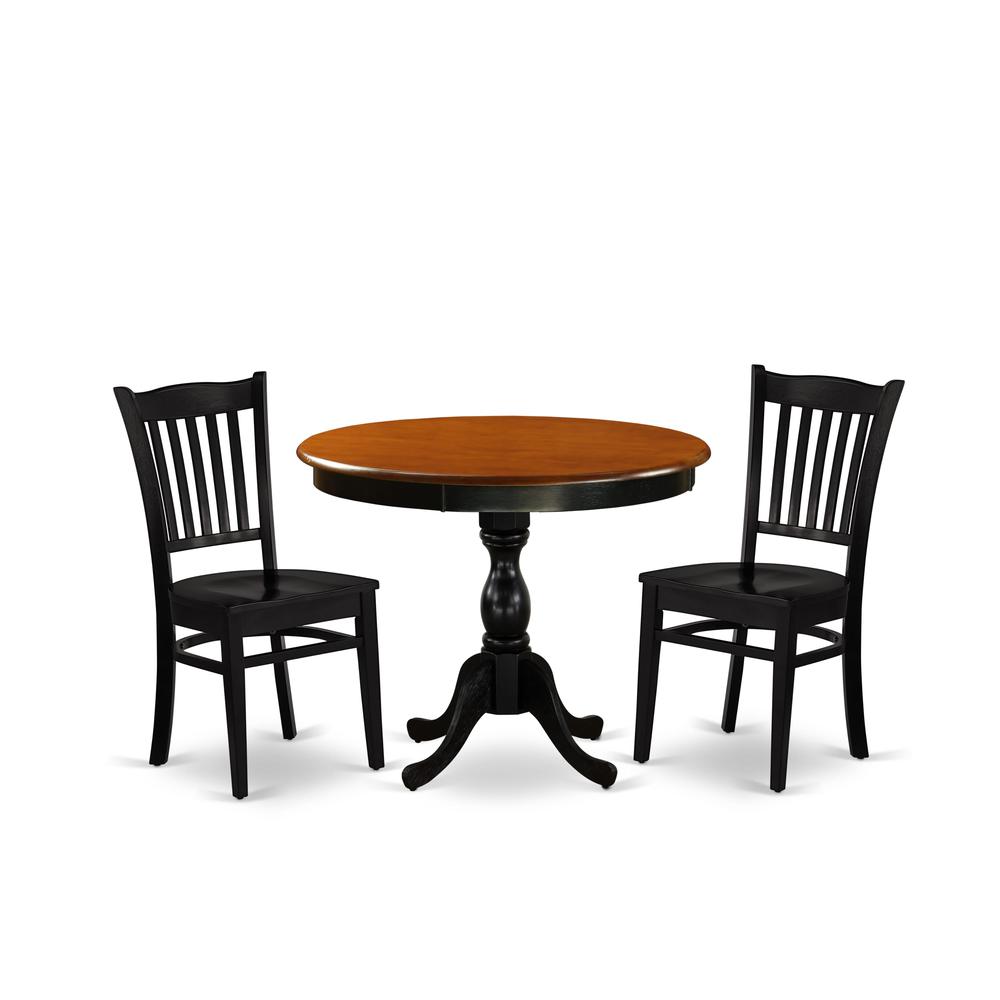 East West Furniture 3-Pc Kitchen Table Set Contains a Mid Century Dining Table and 2 Dining Room Chairs with Slatted Back - Black Finish. Picture 1