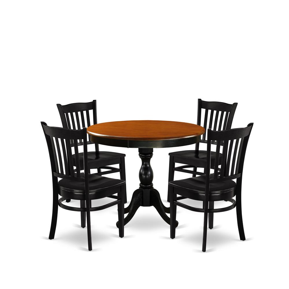 East West Furniture 5-Piece Modern Dining Table Set Contains a Wooden Kitchen Table and 4 Kitchen Chairs with Slatted Back - Black Finish. Picture 1