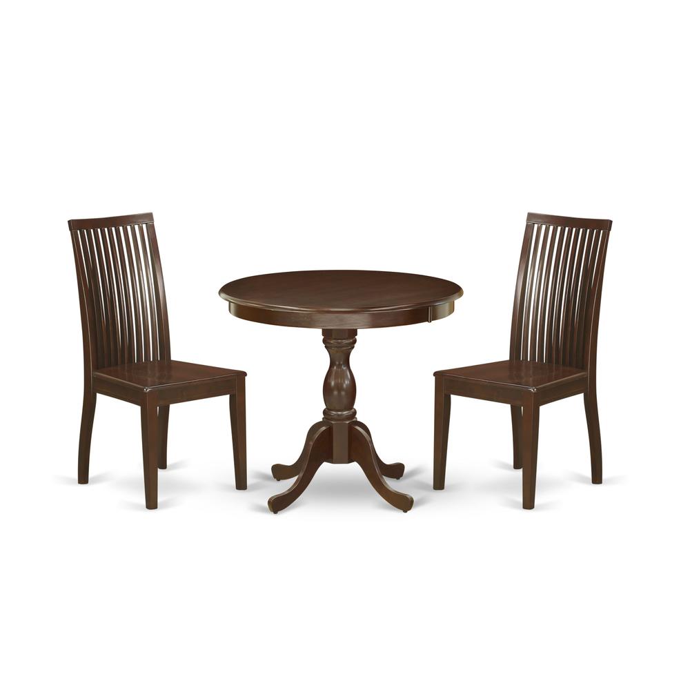 AMIP3-MAH-W 3 Piece Dining Table Set - 1 Pedestal Table and 2 Mahogany Dining Chairs - Mahogany Finish. Picture 2