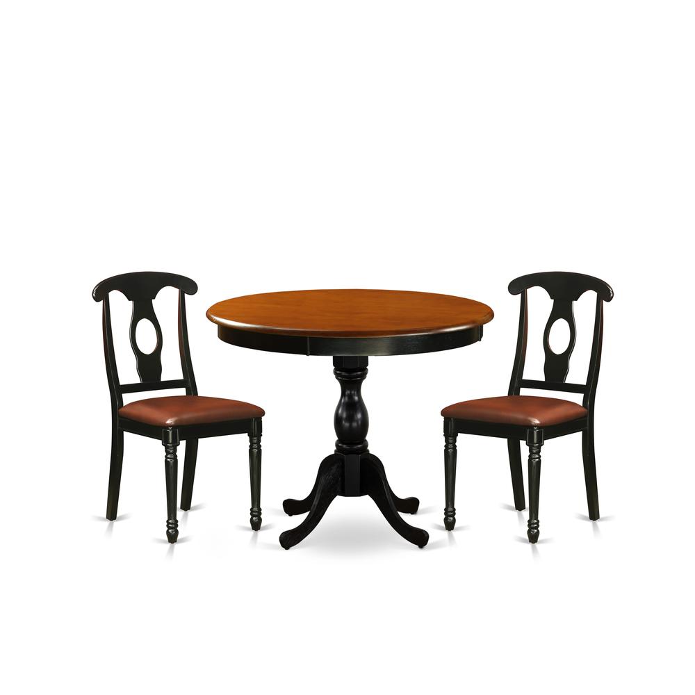 East West Furniture 3-Piece Table Set Contains a Dinner Table and 2 Faux Leather Mid Century Chairs with Napoleon Back - Black Finish. Picture 2