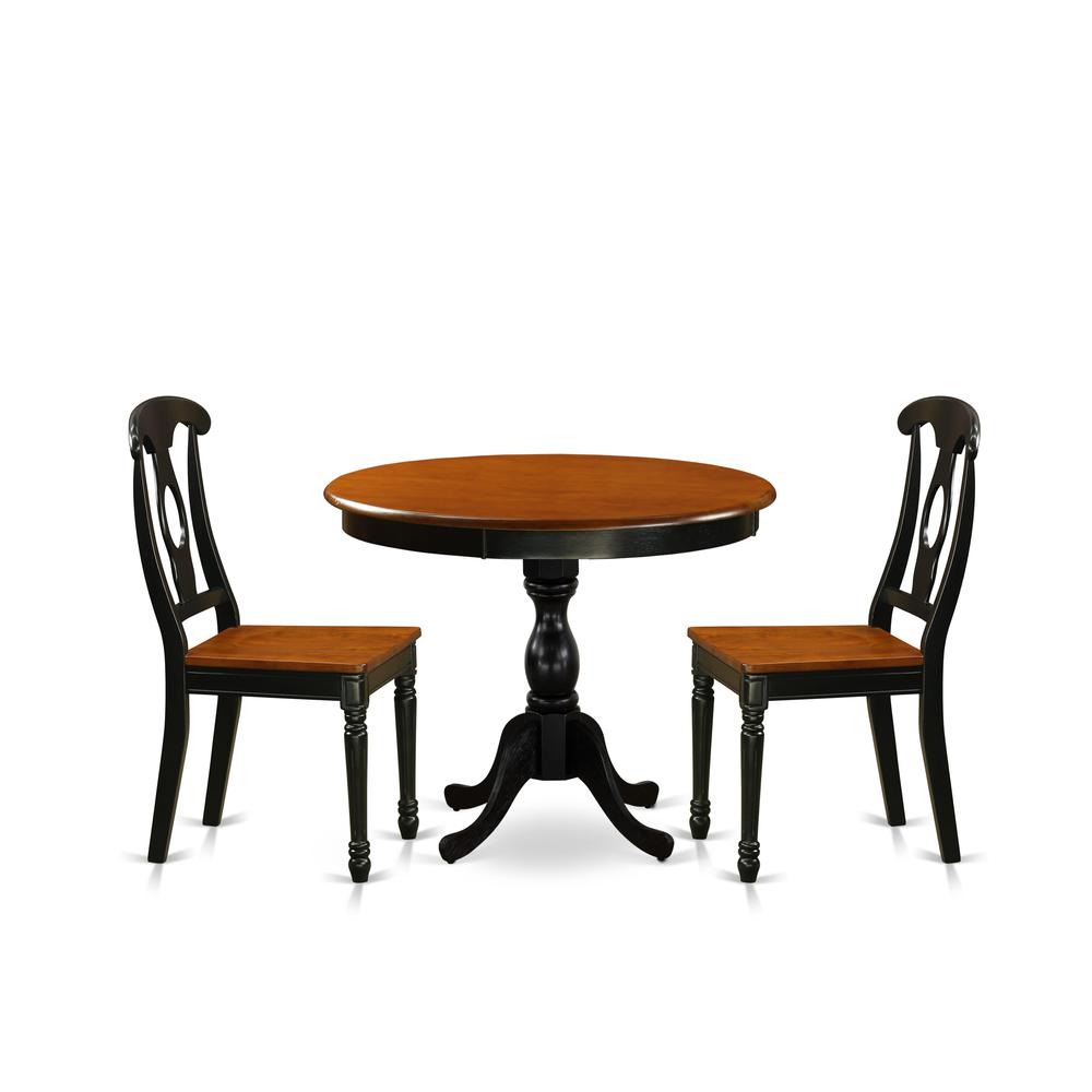 East West Furniture 3-Piece Dining Table Set Include a Dinner Table and 2 Dinning Chairs with Napoleon Back - Black Finish. Picture 2