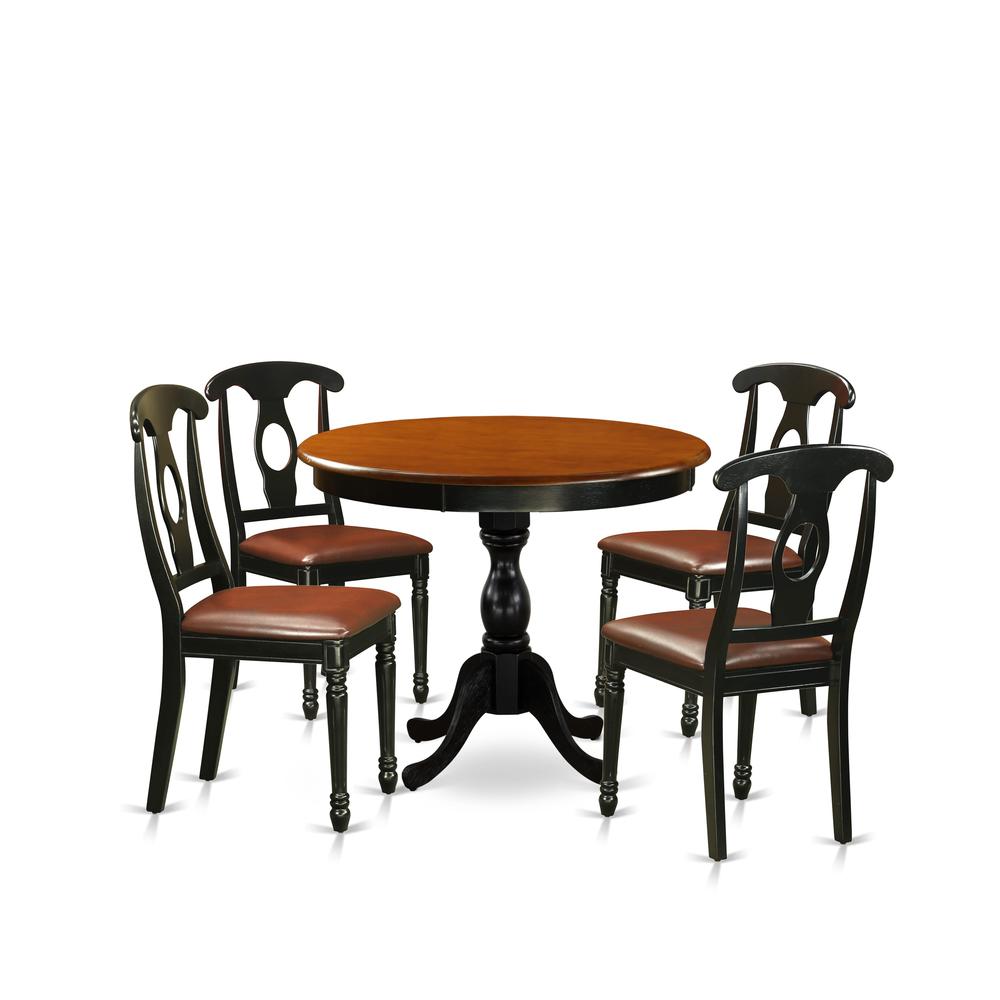 East West Furniture 5-Piece Dining Set Include a Dining Table and 4 Faux Leather Kitchen Chairs with Napoleon Back- Black Finish. Picture 2