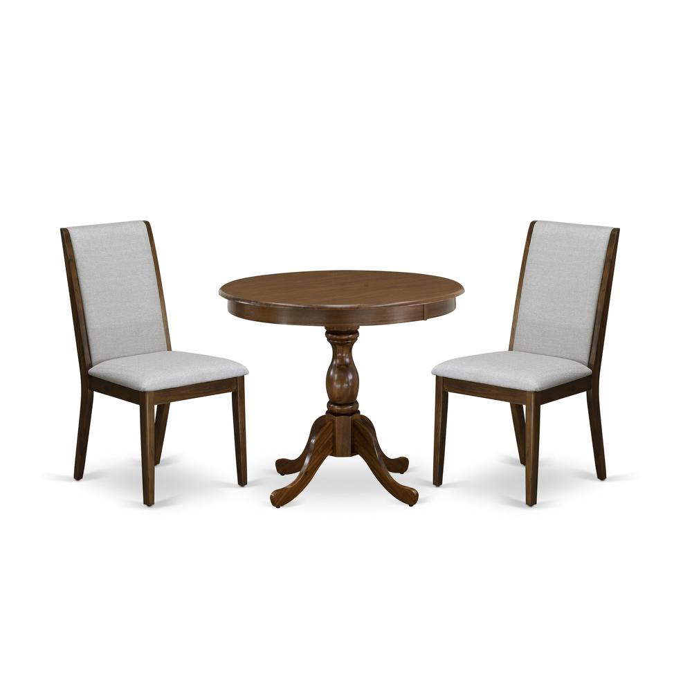 East West Furniture 3 Piece DINETTE SET Contains 1 Wood Dining Table and 2 Grey Linen Fabric Parsons Chair with High Back - Acacia Walnut Finish. Picture 2