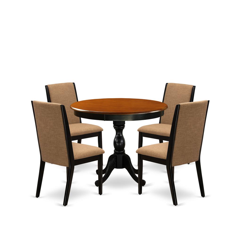 East West Furniture 5-Piece Dinning Room Set Contains a Round Dining Table and 4 Light Sable Linen Fabric Upholstered Dining Chairs with High Back - Black Finish. Picture 2