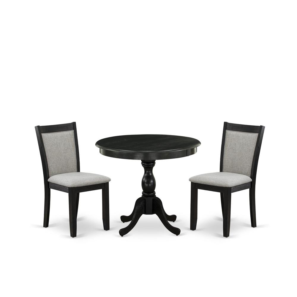 East West Furniture 3-Pc Dining Room Table Set Consists of a Wood Table and 2 Shitake Linen Fabric Parson Dining Chairs - Wire Brushed Black Finish. Picture 2