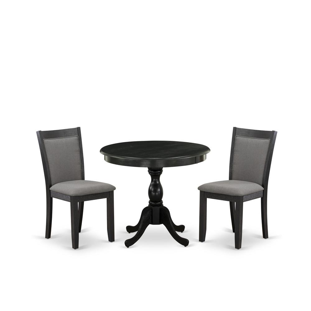 East West Furniture 3-Piece Dining Set Consists of a Round Pedestal Table with Drop Leaves and 2 Dark Gotham Grey Linen Fabric Dining Chairs - Wire Brushed Black Finish. Picture 2