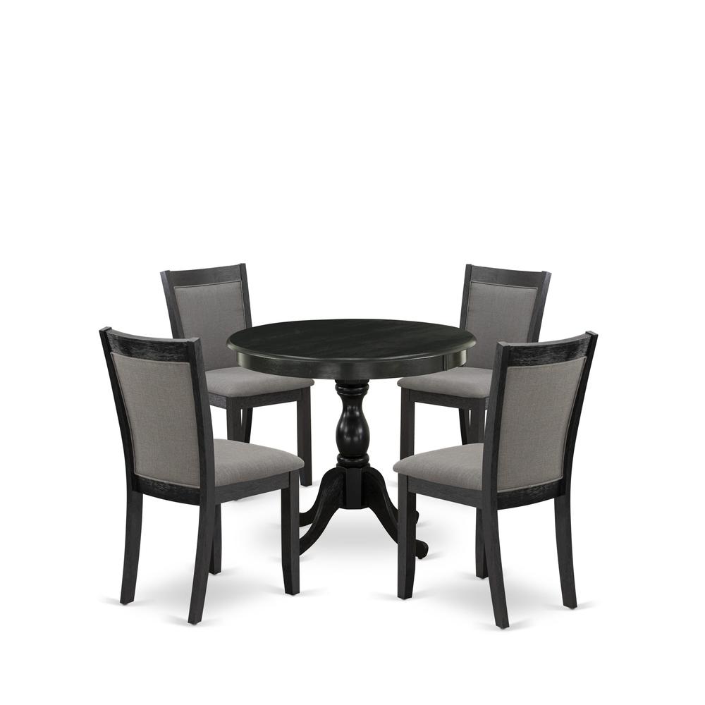 East West Furniture 5-Piece Dining Room Table Set Contains a Modern Dining Room Table and 4 Baby Blue Linen Fabric Dining Chairs - Wire Brushed Black Finish. Picture 2