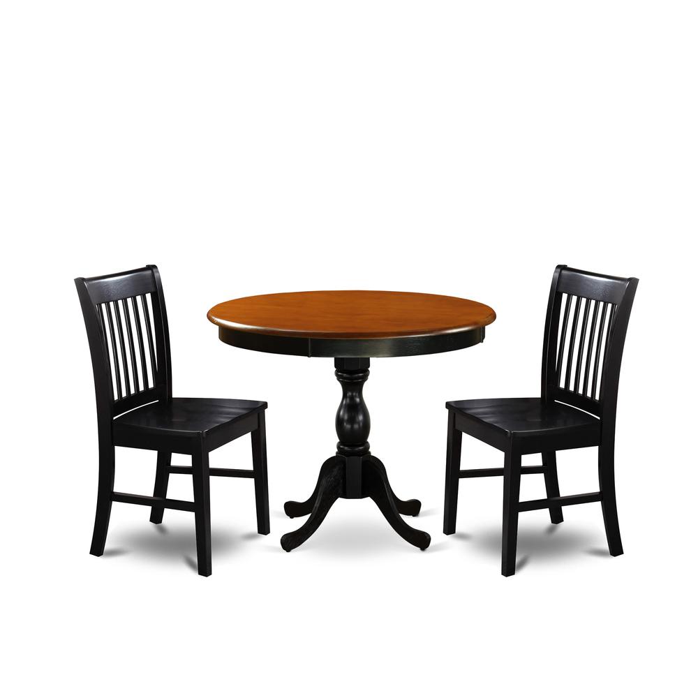 East West Furniture 3-Pc Round Table Set Contains a Modern Kitchen Table and 2 Wooden Dining Chairs with Slatted Back - Black Finish. Picture 1