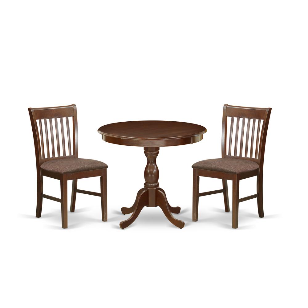 AMNF3-MAH-C 3 Piece Dining Table Set - 1 Round Pedestal Table and 2 Mahogany Dining Chairs - Mahogany Finish. Picture 2