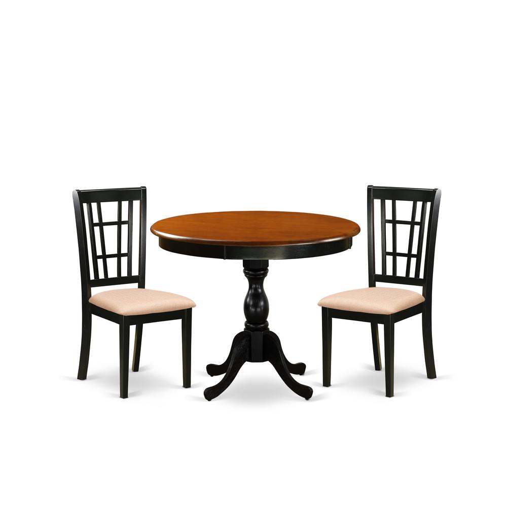 East West Furniture 3-Pc Dinning Table Set Consists of a Modern Kitchen Table and 2 Linen Fabric Mid Century Chairs with Slatted Back - Black Finish. Picture 2