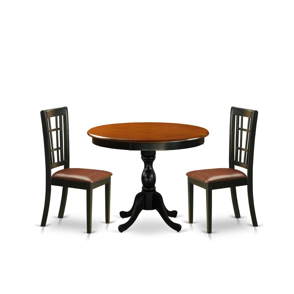 East West Furniture 3-Piece Dinner Table Set Contains a Dining Table and 2 Faux Leather Kitchen Chairs with Slatted Back- Black Finish. Picture 1