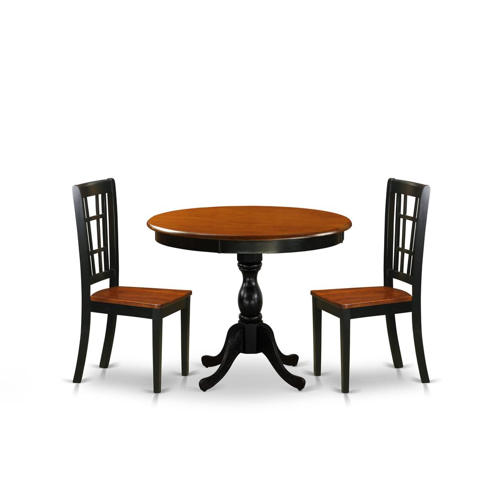 East West Furniture 3-Piece Modern Dining Table Set Contains a Dining Room Table and 2 Dining Chairs with Slatted Back - Black Finish. Picture 1