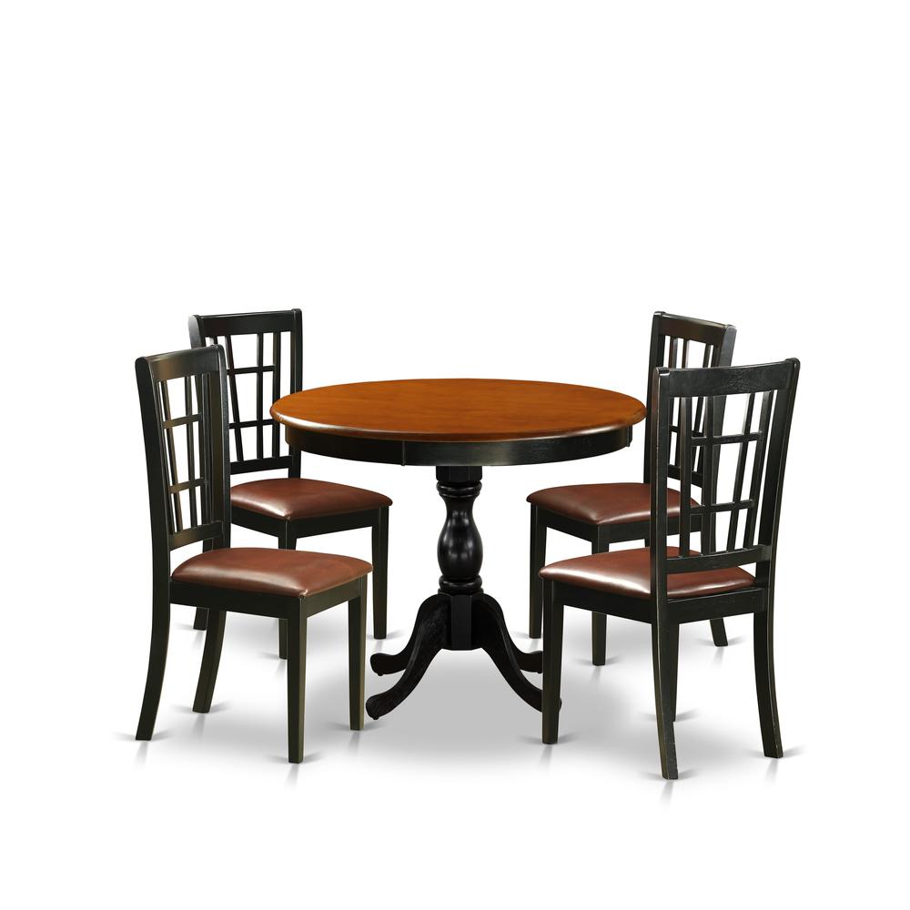 East West Furniture 5-Piece Dinette Set consisting of a Wood Table and 4 Faux Leather Dinner Chairs with Slatted Back- Black Finish. Picture 2
