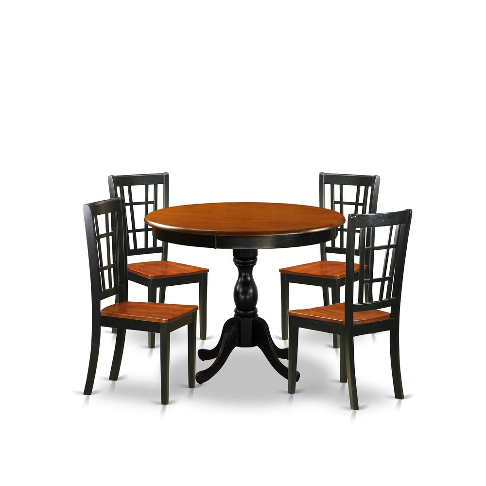 East West Furniture 5-Piece Dining Room Set Include a Wood Table and 4 Dining Chairs with Slatted Back - Black Finish. Picture 2